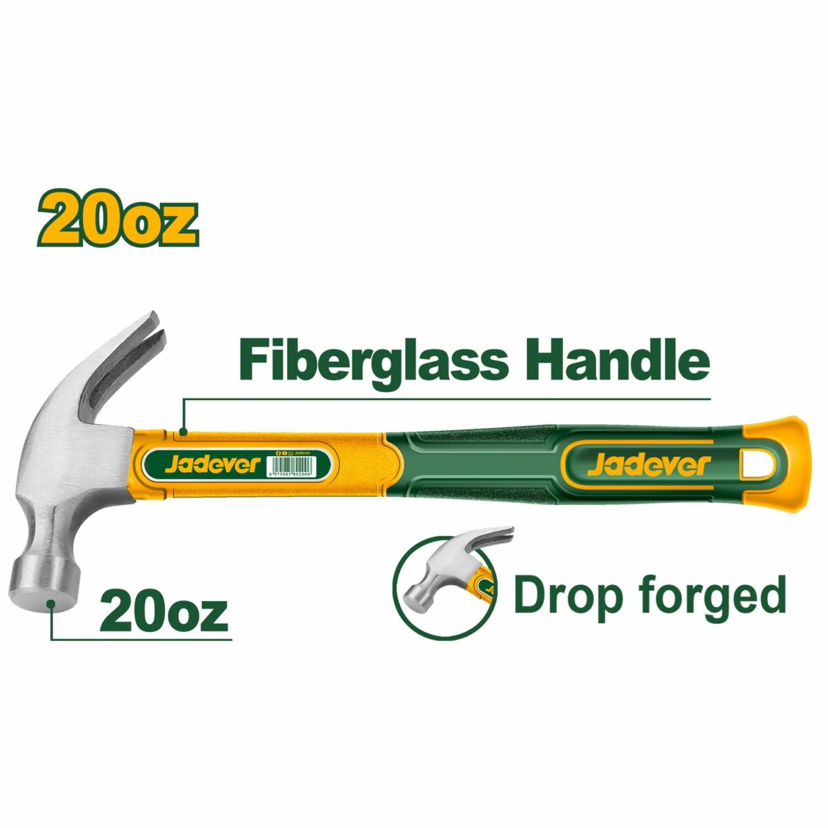 Martillo De Uña Jadever 560g - Mango De Fibra De Vidrio - Imagen 2