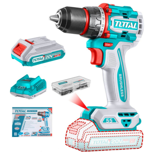 Atornillador Percutor Total 20v - 13mm - 55Nm, Sin Carbones, C/Batería