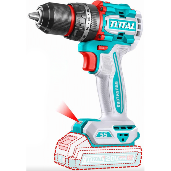 Atornillador Percutor Total 20v - 13mm - 55Nm, Sin Carbones