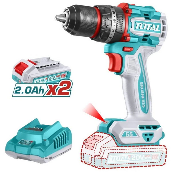 Atornillador Percutor Total 20v - 13mm - 55Nm, Sin Carbones, 2 Baterías Y Maletín