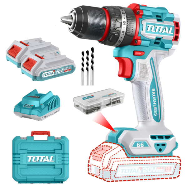 Atornillador Percutor Total 20v - 13mm - 66Nm, Sin Carbones, 2 Baterías Y Maletín