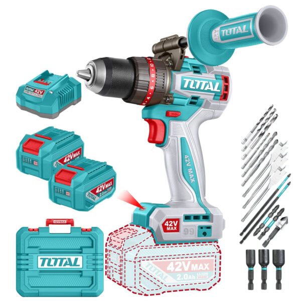 Atornillador Percutor Total 42v - 13mm - 99Nm, 2 Baterías Y Maletín, Sin Carbones