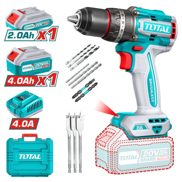 Atornillador Percutor Total 20v - 13mm - 86Nm, Sin Carbones, 2 Baterías Y Maletín