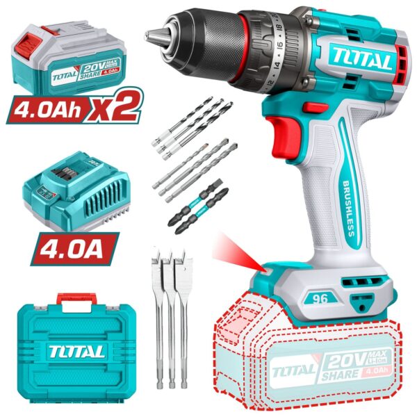 Atornillador Percutor Total 20v - 13mm - 96Nm, Sin Carbones, 2 Baterías Y Maletín
