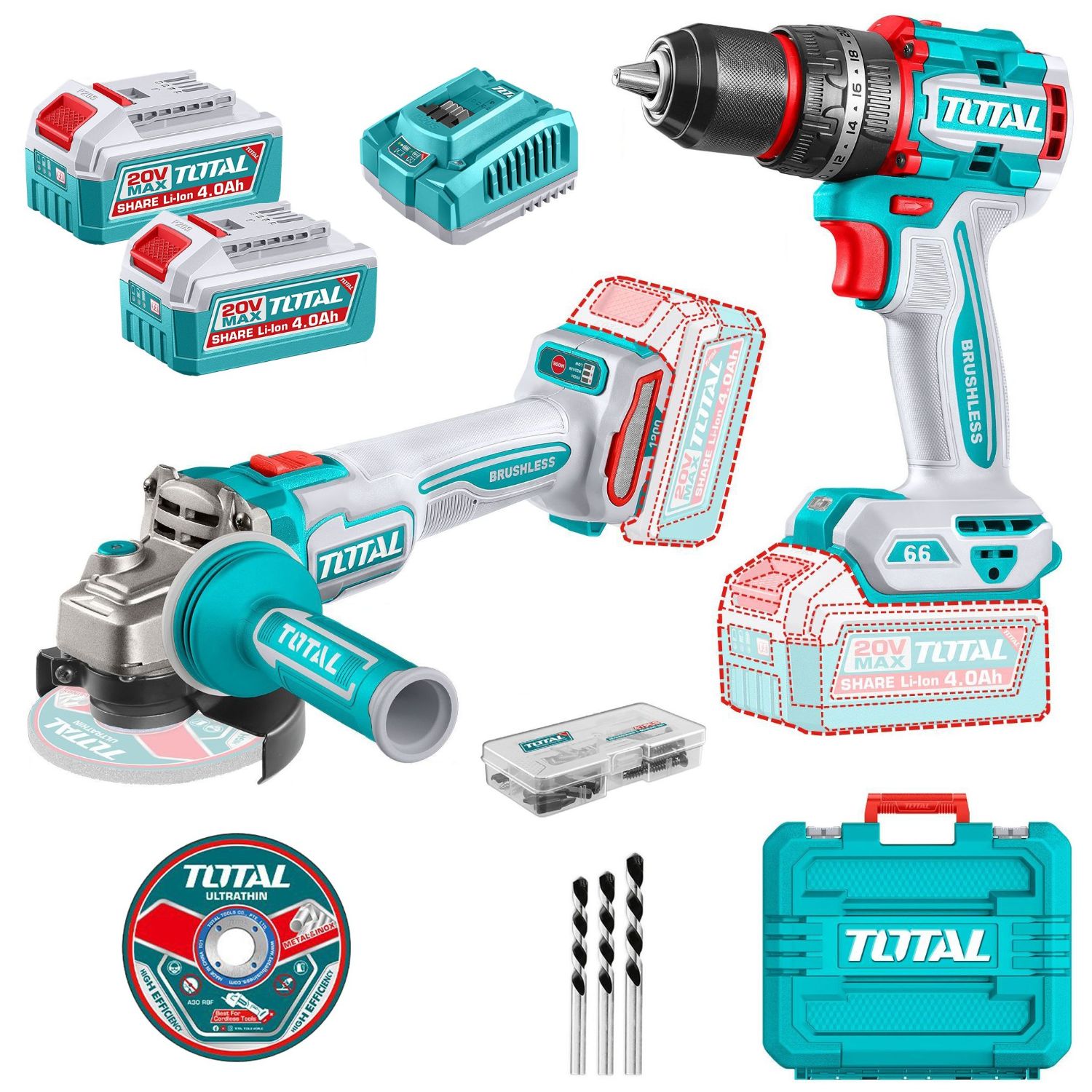 TCKLI20256_01 Kit Total 20v - Atornillador Percutor 66Nm + Amoladora 4.1/2" - Imagen 1