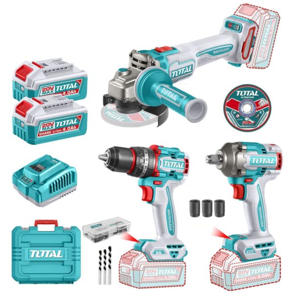 Kit Total 20v - Atornillador Percutor 66Nm + Amoladora 4.1/2" + Llave De Impacto 1/2"