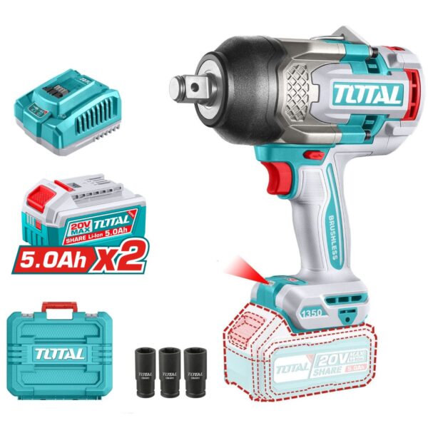 Llave De Impacto Total 3/4" - 1350Nm - 20v, 2 Baterías 5.0Ah + Cargador + Maletín