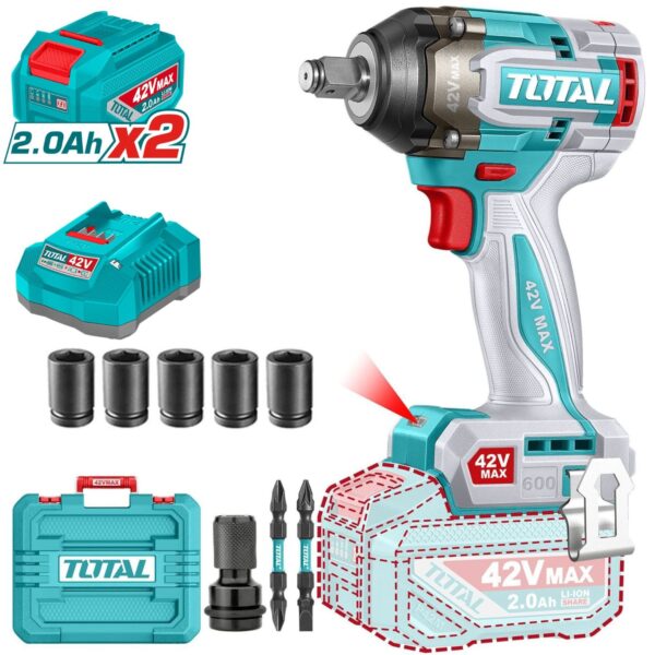 Llave De Impacto Total 1/2" - 600Nm - 42v, 2 Baterías 2.0Ah + Cargador + Maletín